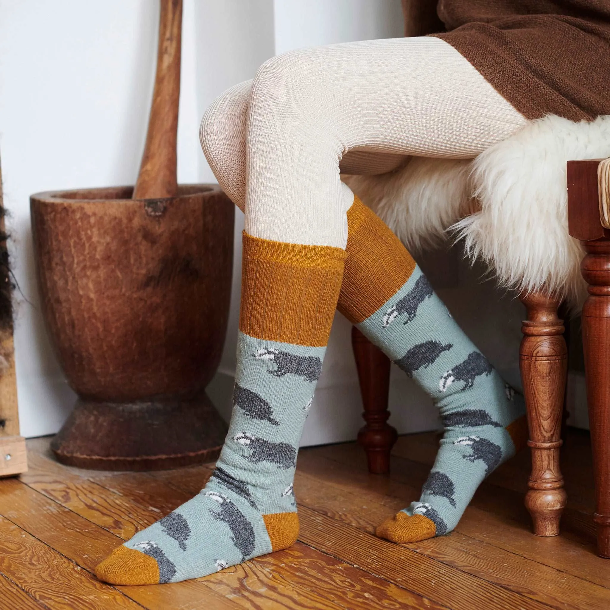 Ladies Sage Badger Lambswool Knee Socks