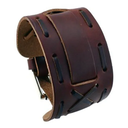 Perforated Dash X Dark Brown Leather Wide Cuff