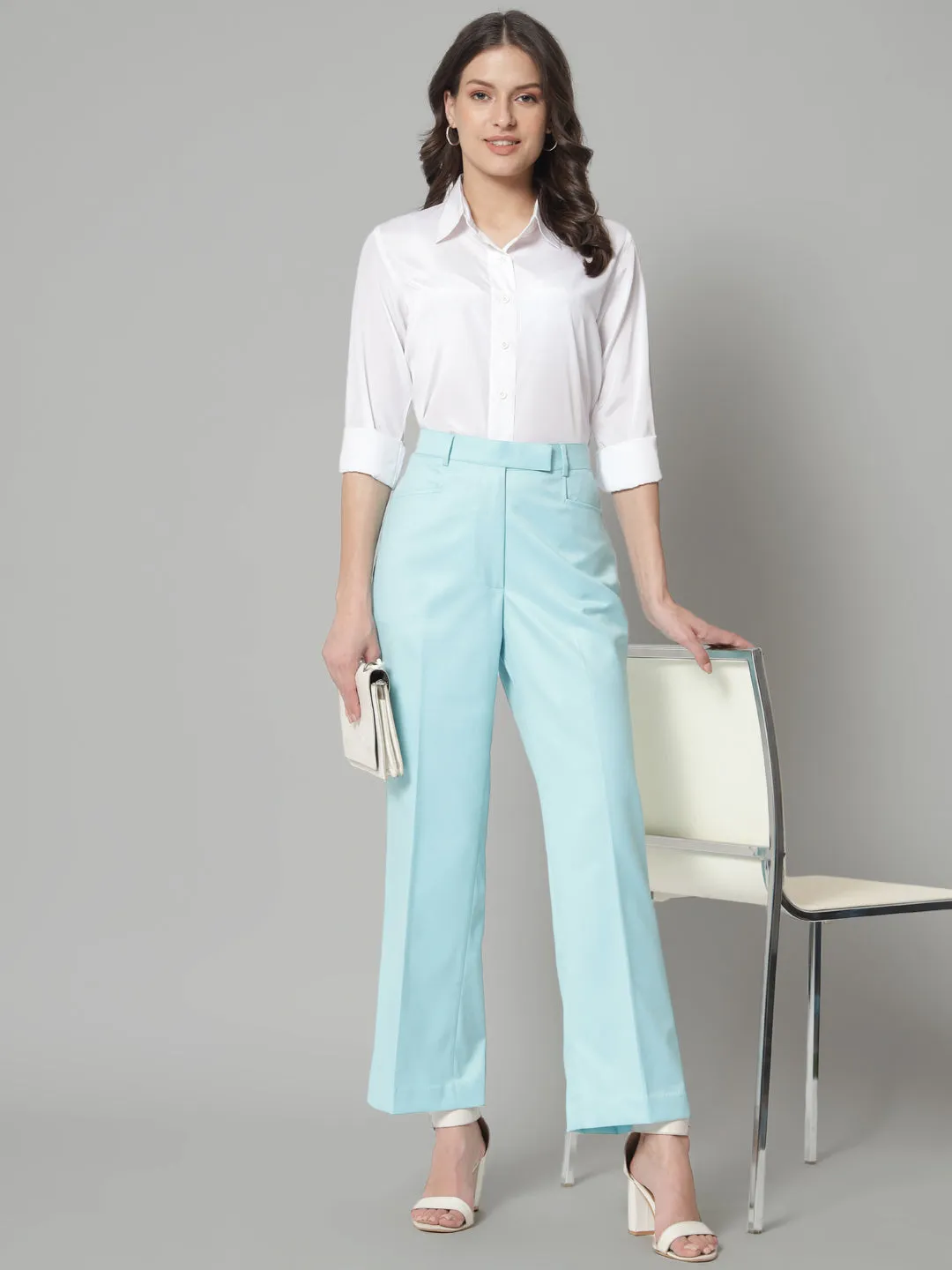 Poly Cotton Mid Waist Formal Trouser - Sky Blue