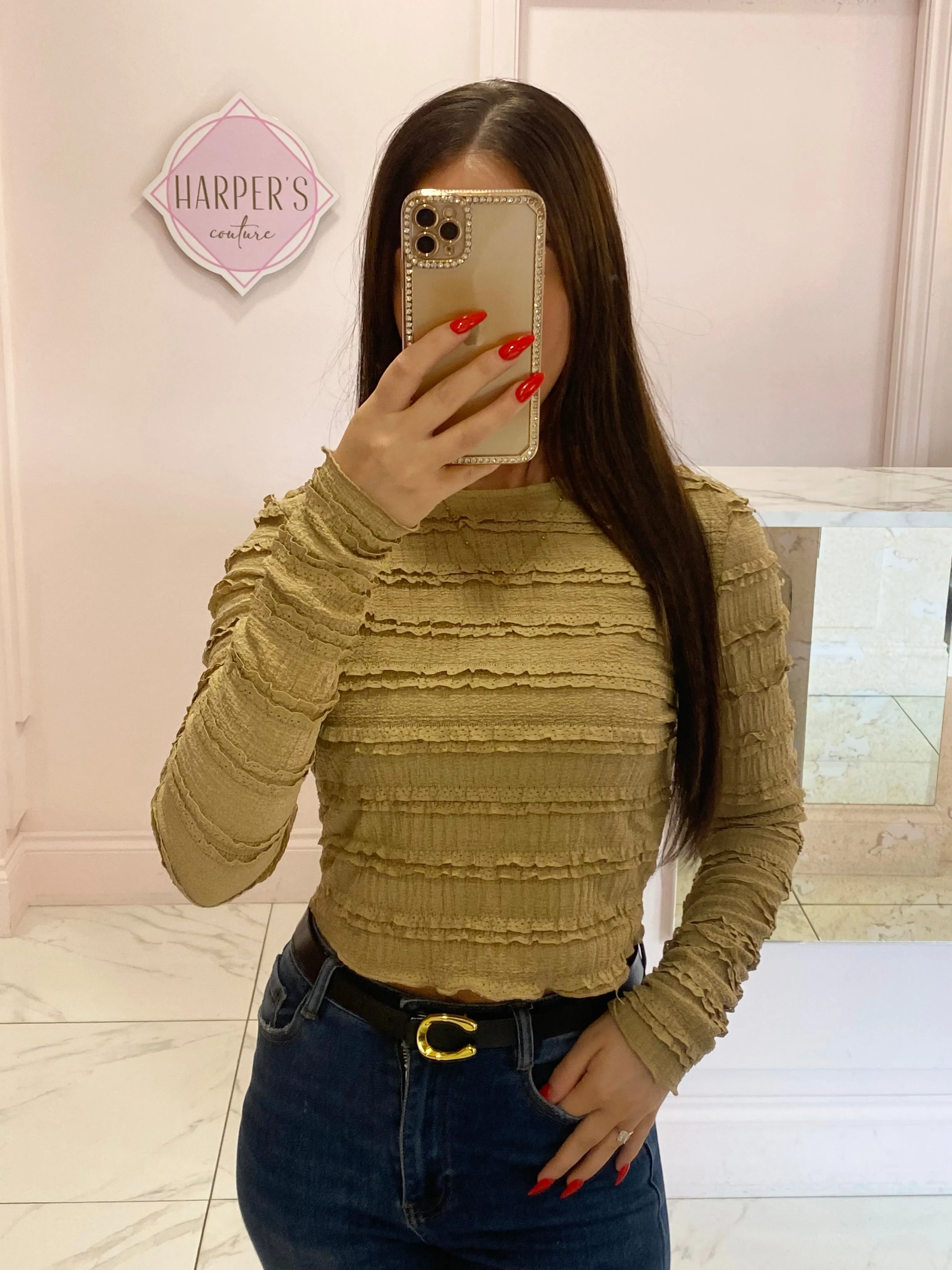 Rona Beige Long Sleeve Top