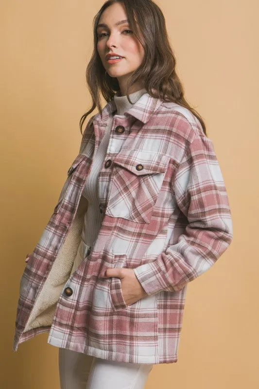 Sheila Plaid Button Up Jacket with Sherpa Lining S-XL