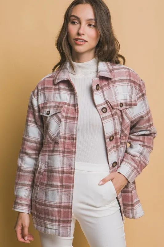 Sheila Plaid Button Up Jacket with Sherpa Lining S-XL