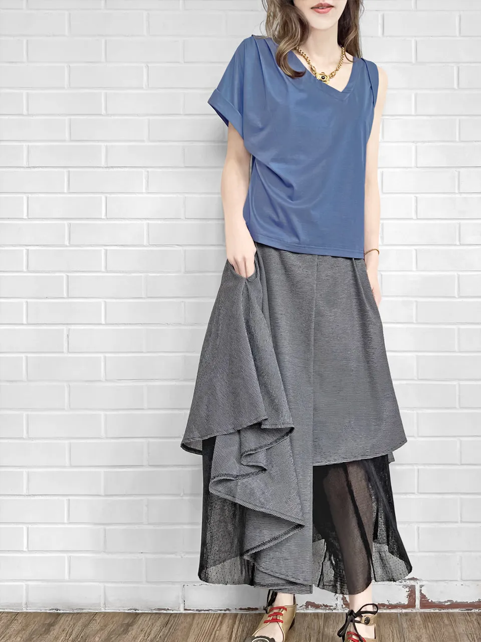 SPECIAL! Persian Blue Asymmetric Neck Roll Sleeve Tee