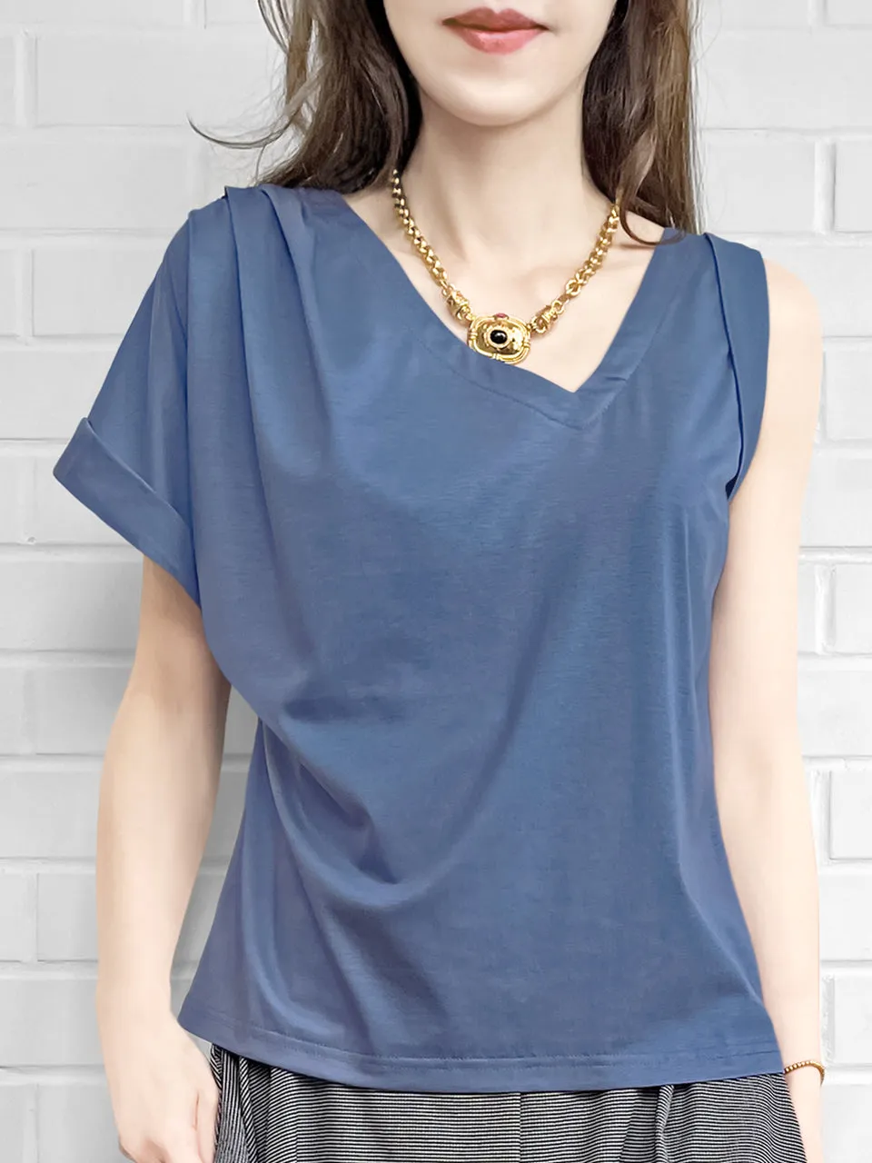 SPECIAL! Persian Blue Asymmetric Neck Roll Sleeve Tee