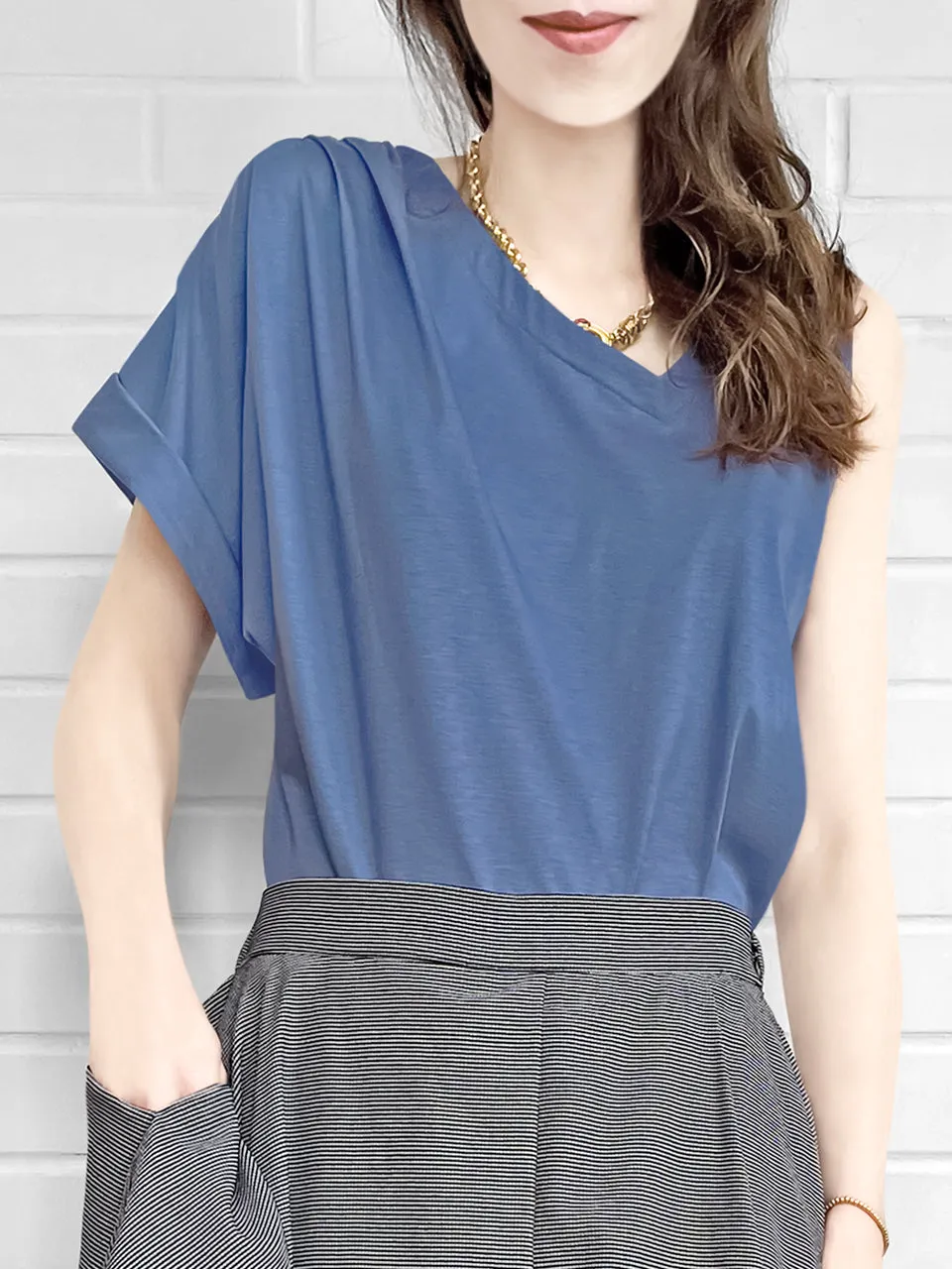 SPECIAL! Persian Blue Asymmetric Neck Roll Sleeve Tee