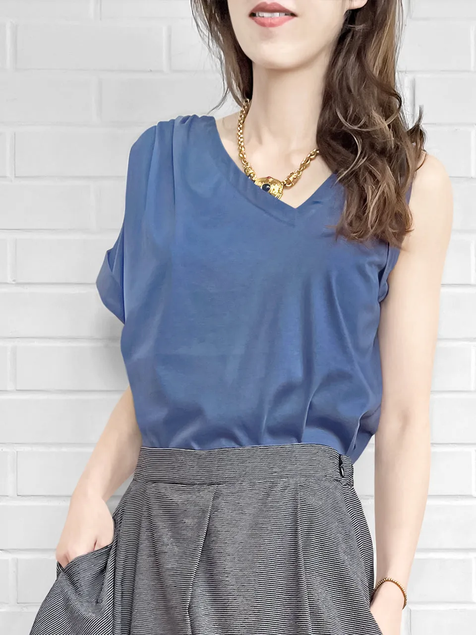 SPECIAL! Persian Blue Asymmetric Neck Roll Sleeve Tee