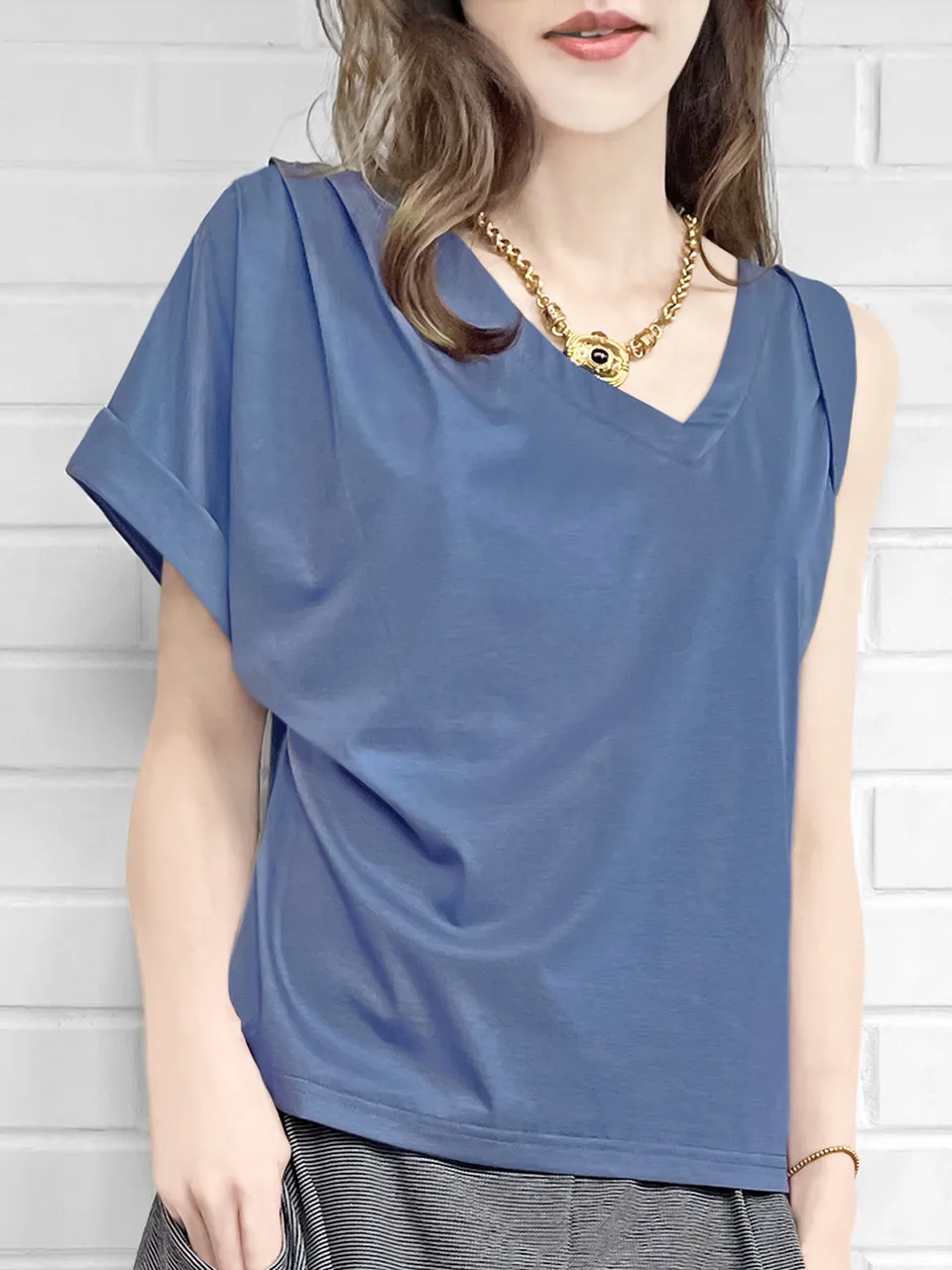 SPECIAL! Persian Blue Asymmetric Neck Roll Sleeve Tee