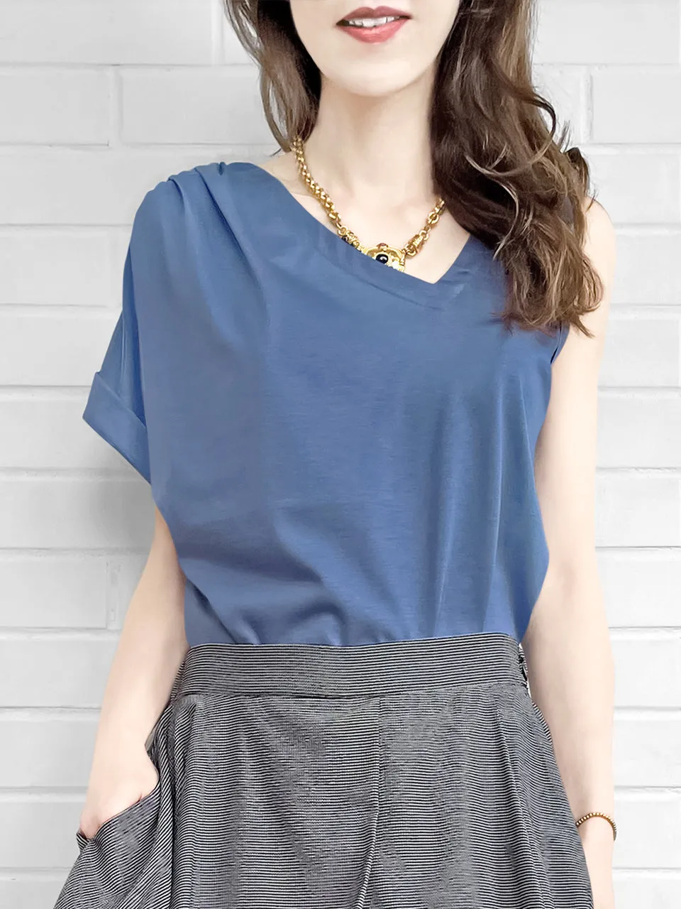 SPECIAL! Persian Blue Asymmetric Neck Roll Sleeve Tee