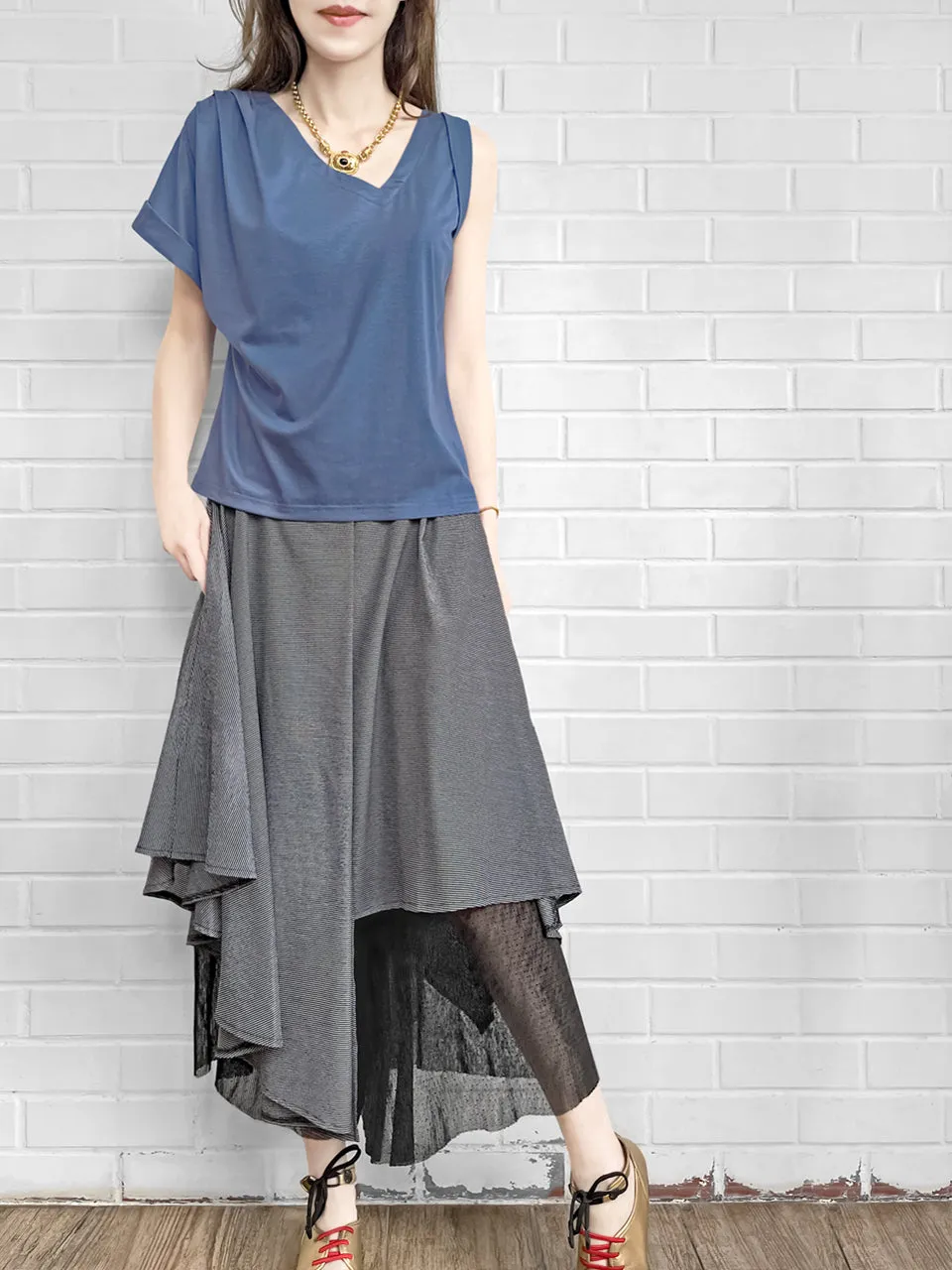 SPECIAL! Persian Blue Asymmetric Neck Roll Sleeve Tee