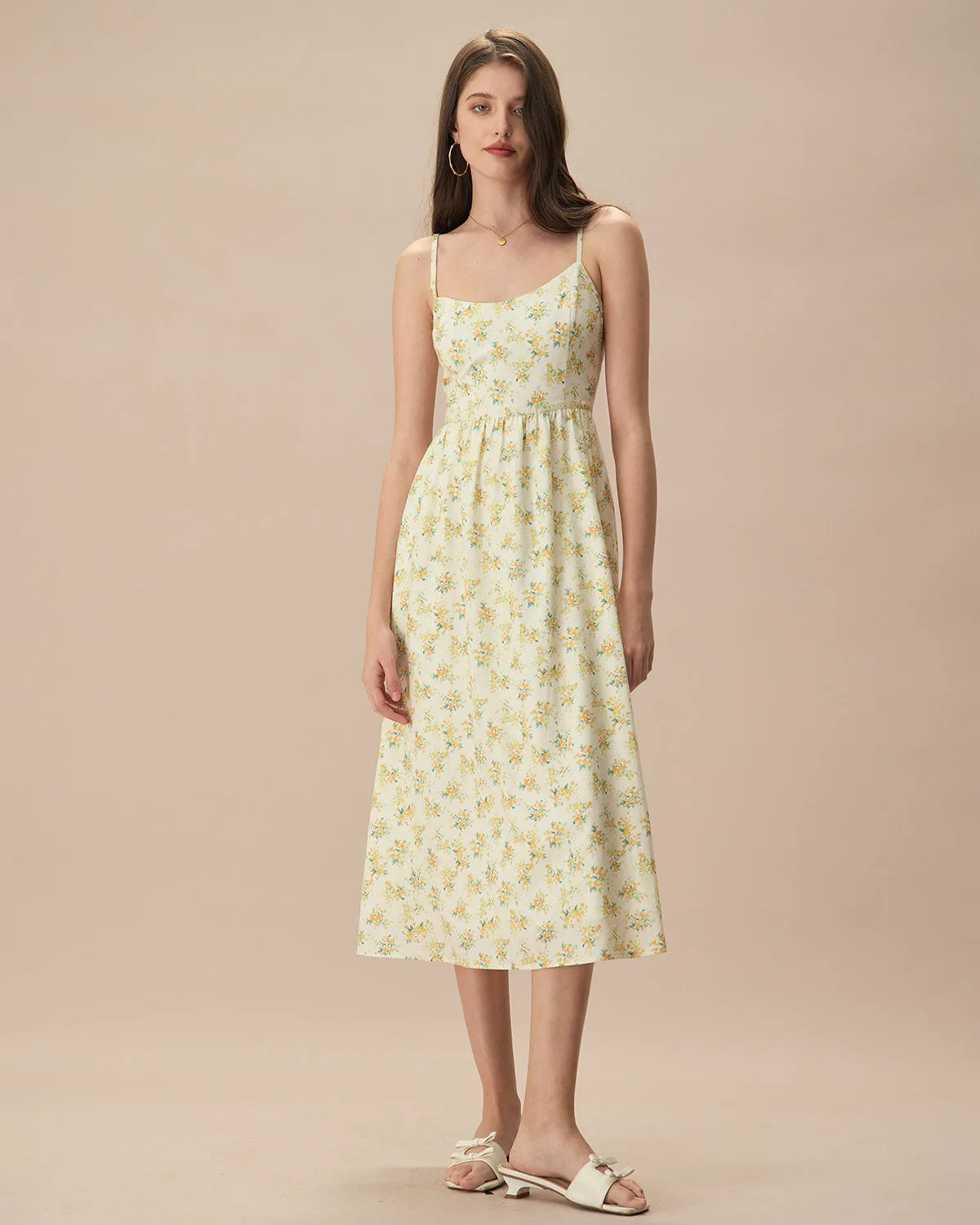 The Yellow Ruched Floral Slip Midi Dress