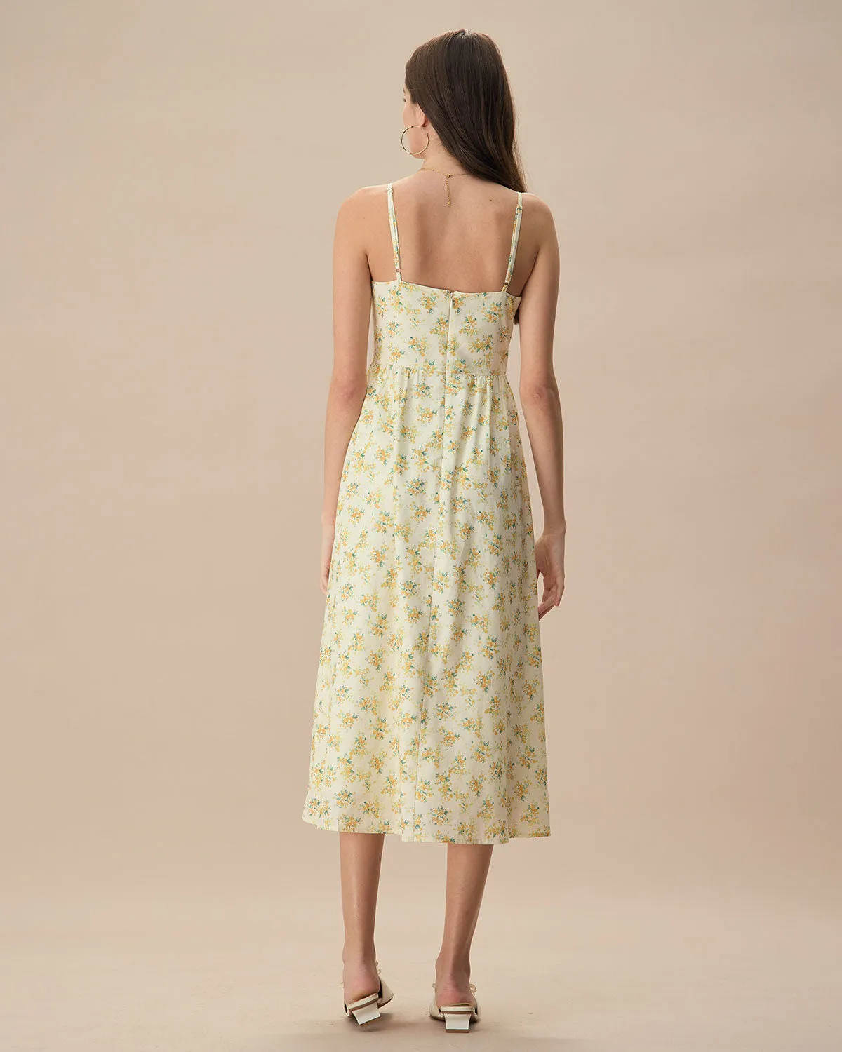 The Yellow Ruched Floral Slip Midi Dress