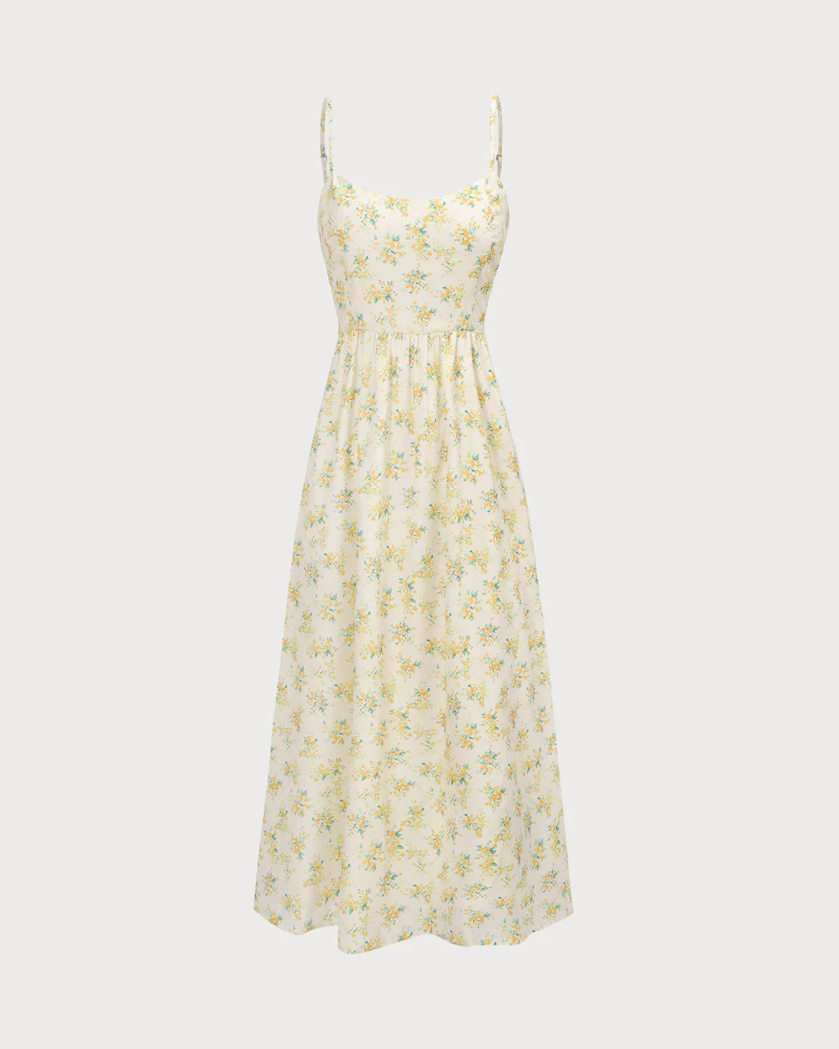 The Yellow Ruched Floral Slip Midi Dress