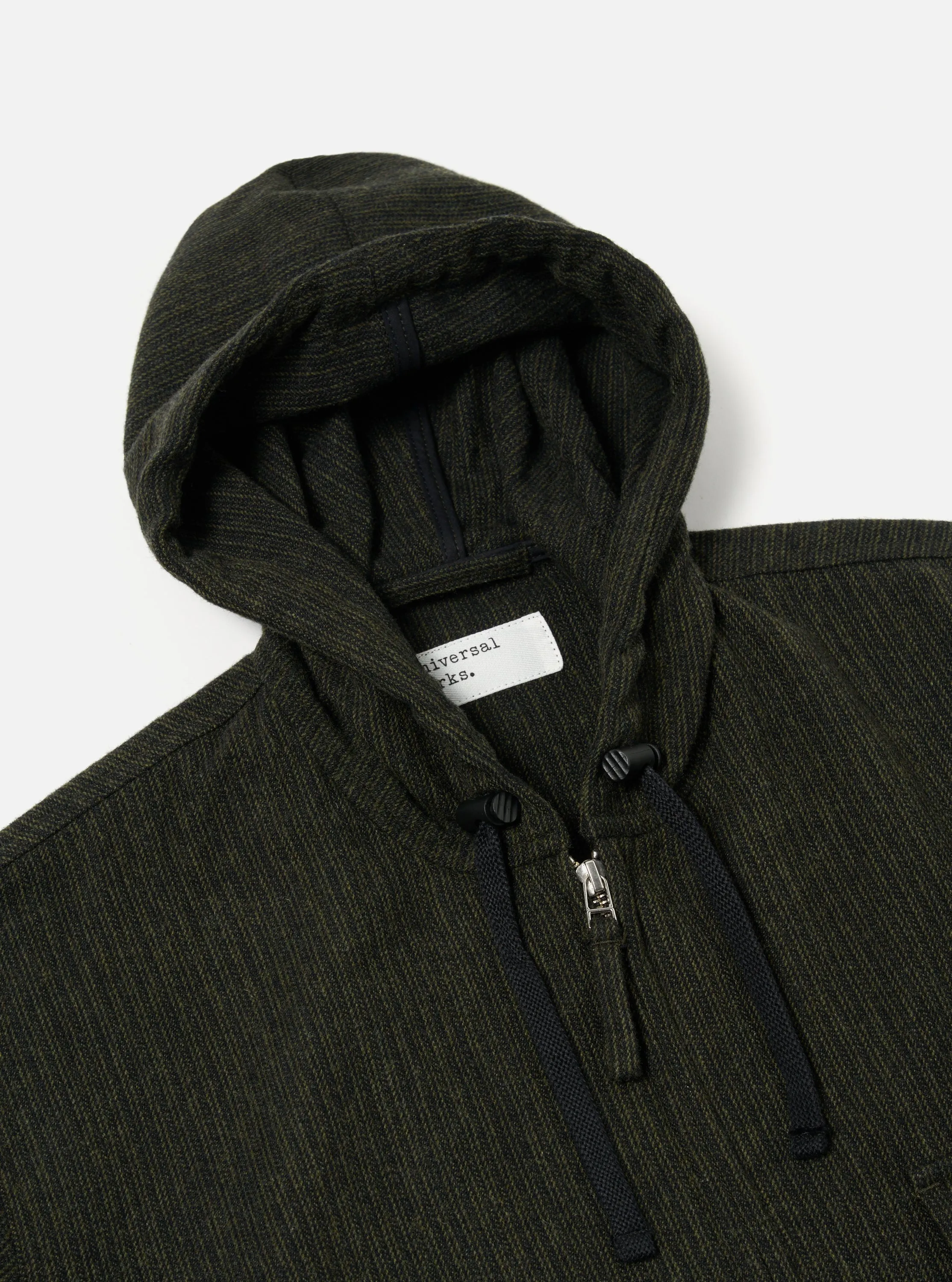 Universal Works Fistral II Jacket in Black/Olive Stripe Wool Mix