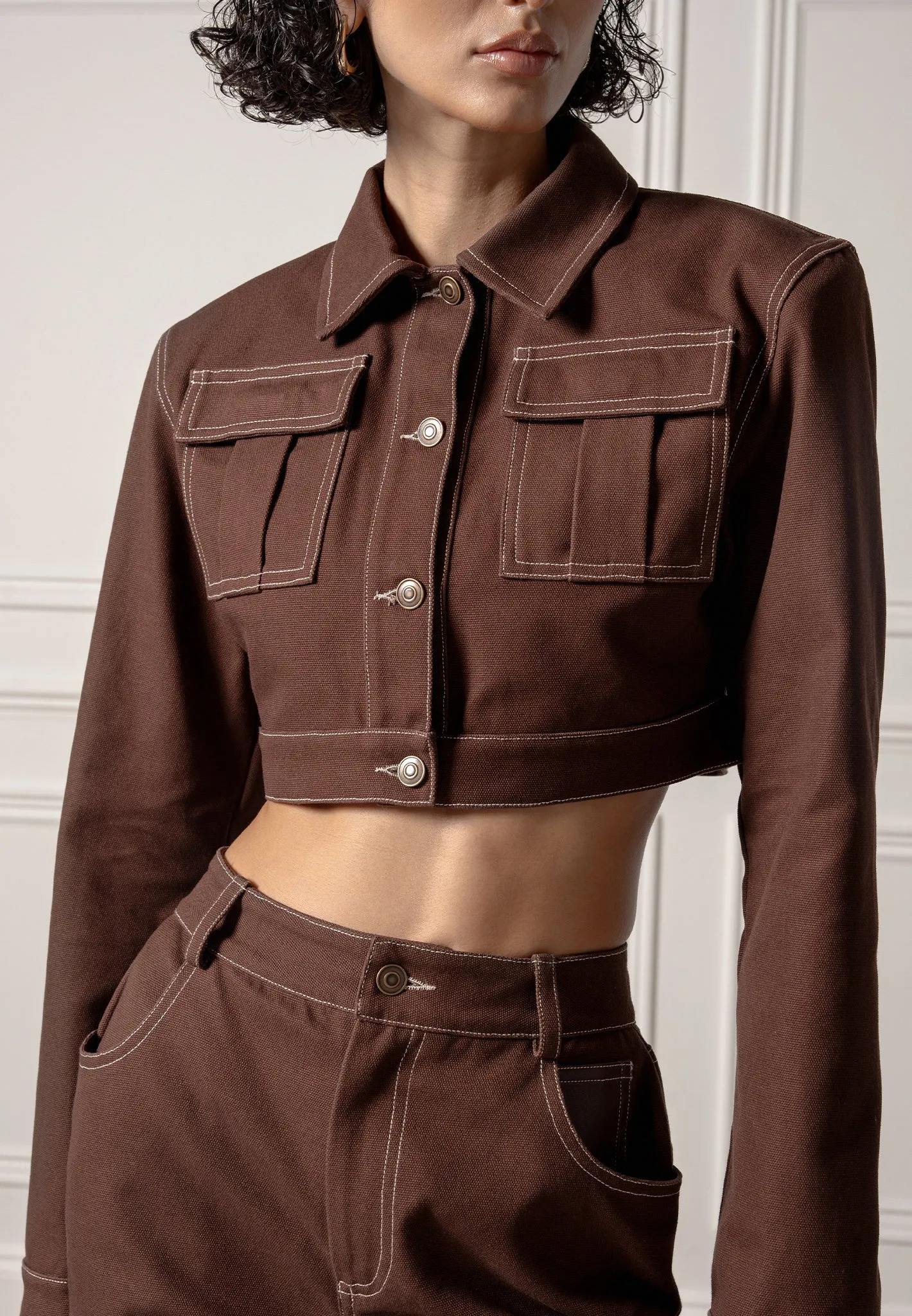 Wide Shoulder Drill Jacket - Brown