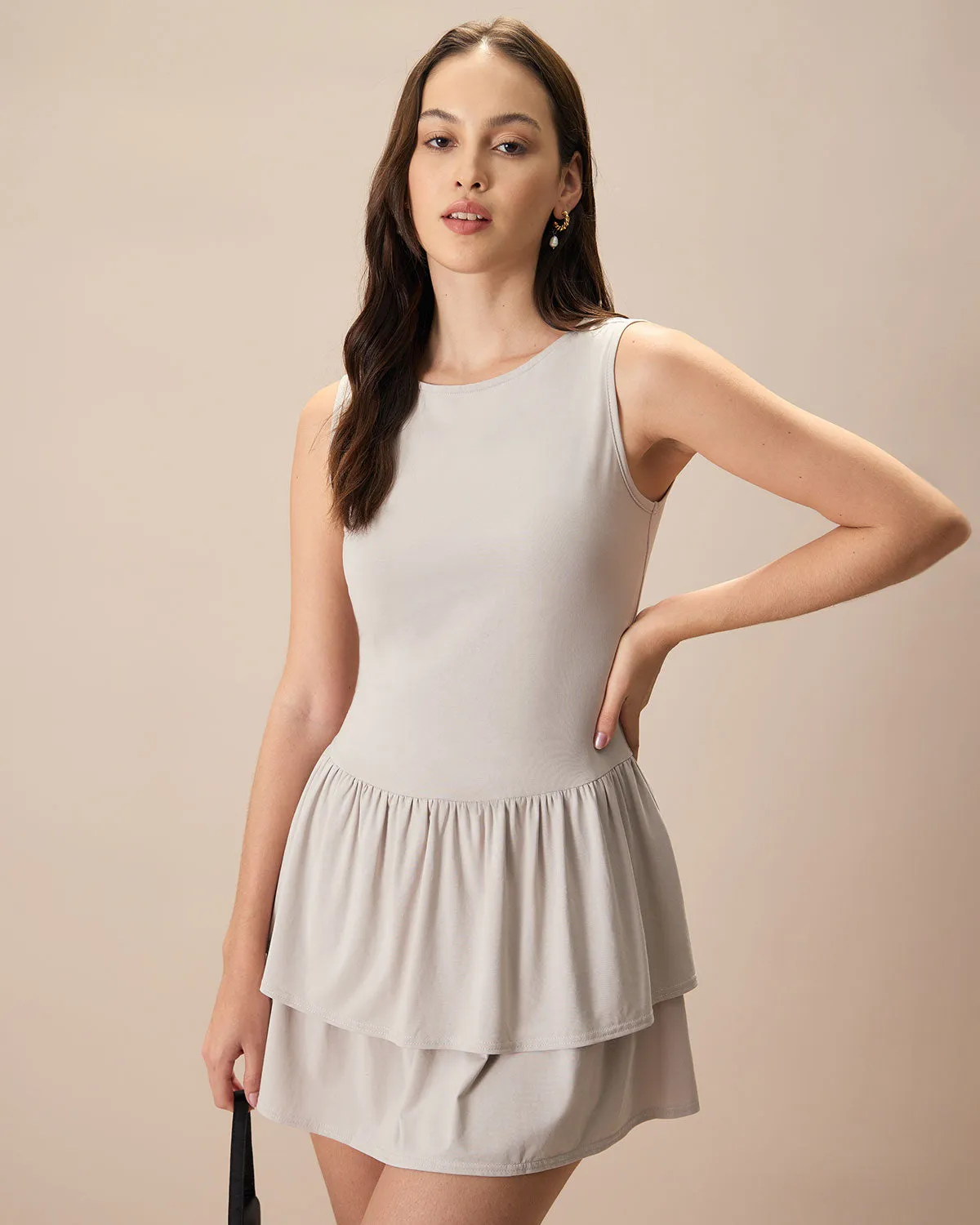 Women's Grey Crew Neck Ruffle Tiered Cotton Mini Dress